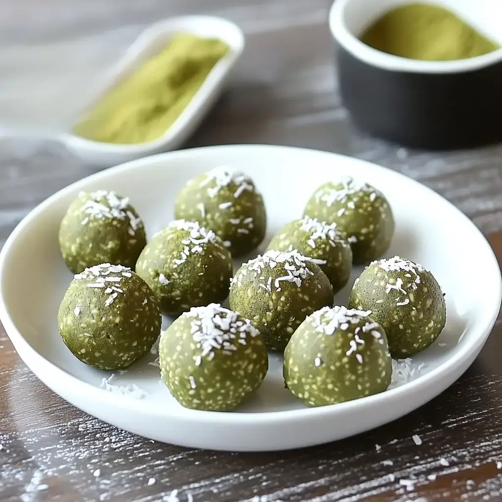 A plate of green energy balls sprinkled with shredded coconut sits on a wooden table, with a bowl of green powder visible in the background.