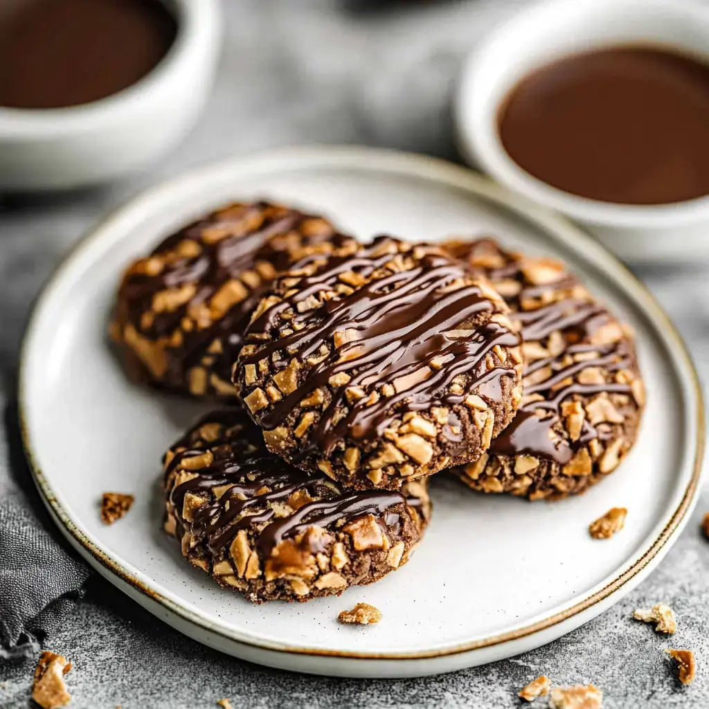 A plate of chocolate-drizzled cookies topped with chopped nuts, accompanied by small bowls of chocolate sauce.