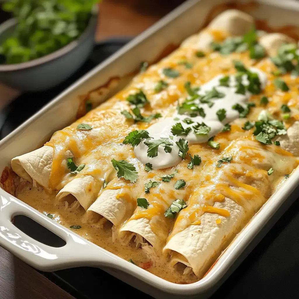 A close-up of a dish of cheesy chicken enchiladas topped with sour cream and fresh cilantro, served in a white casserole dish.