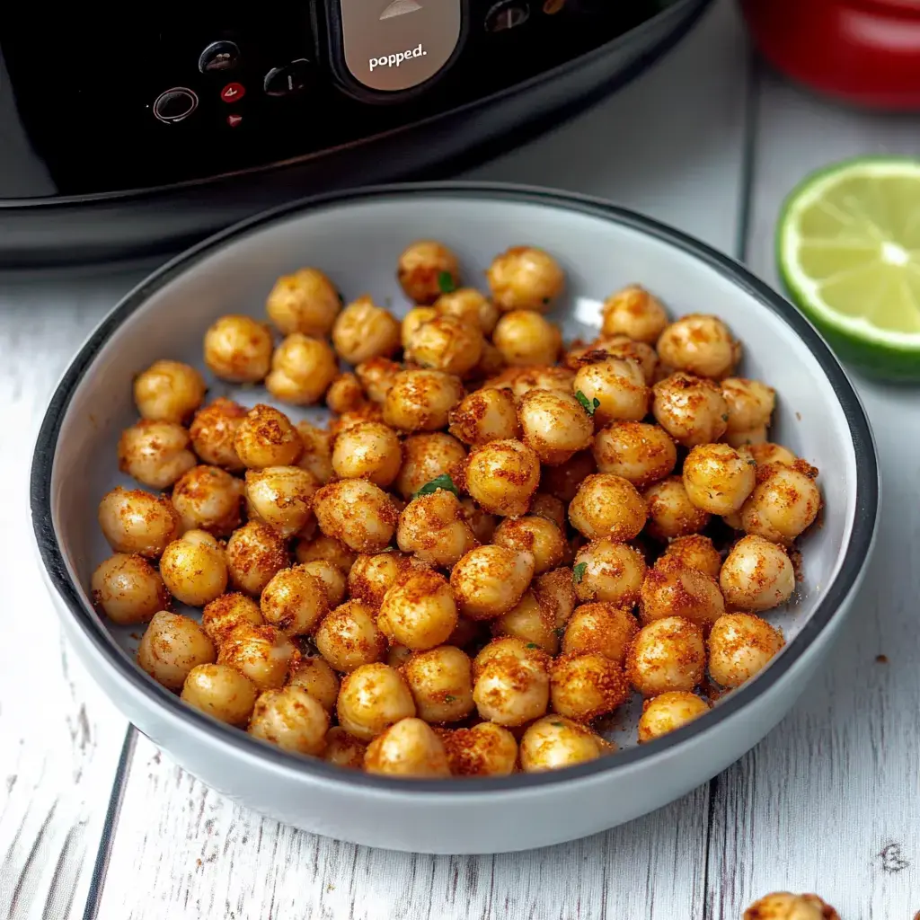 A bowl of golden, spiced chickpeas sits on a wooden surface, with a lime wedge and part of an air fryer visible in the background.