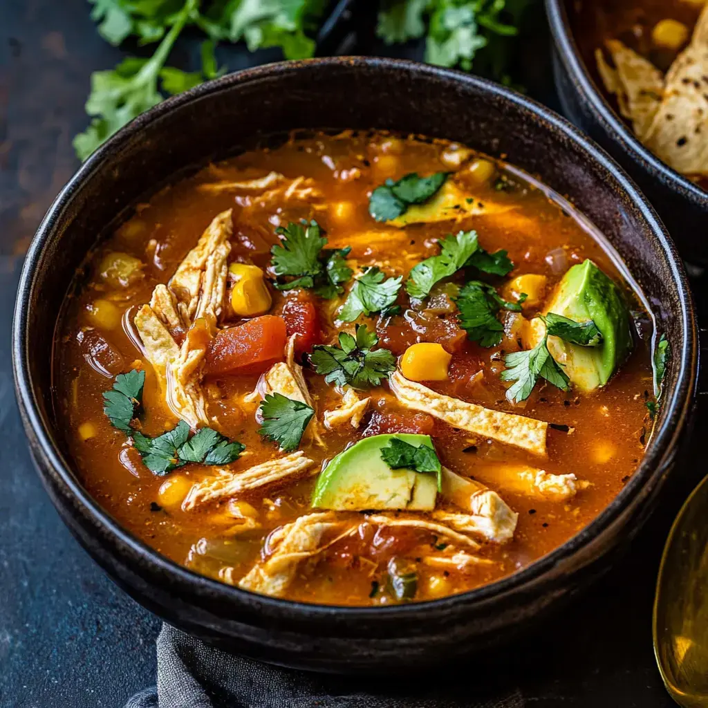 A close-up of a bowl of chicken soup garnished with cilantro, corn, diced tomatoes, and avocado slices.