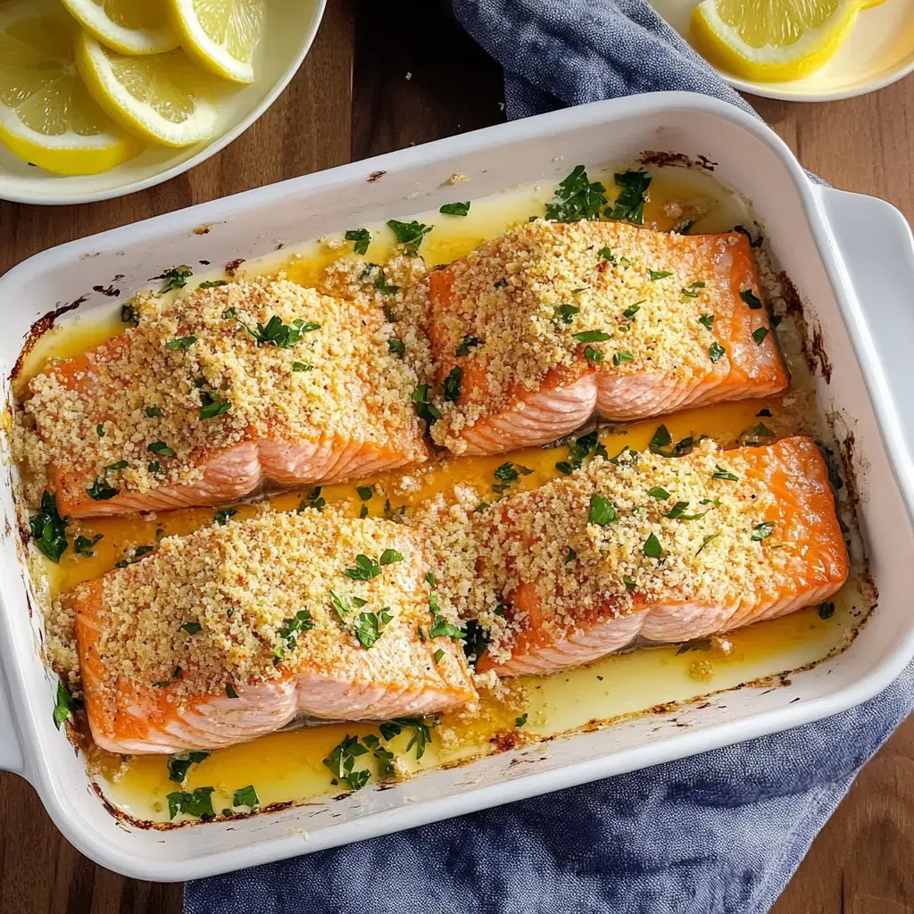 A baking dish with four pieces of baked salmon topped with breadcrumbs and parsley, served with lemon wedges in the background.