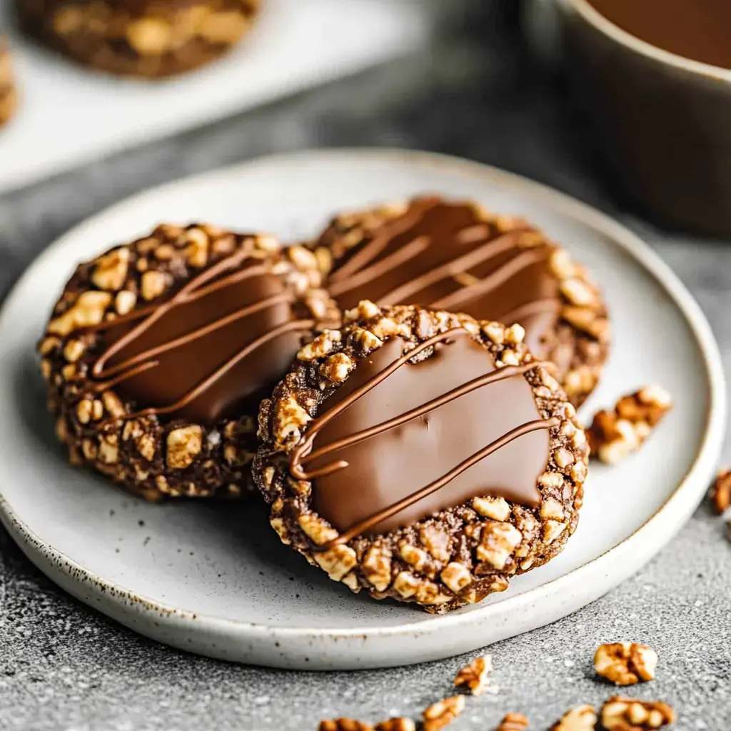 A plate holds three chocolate-coated cookies adorned with a drizzle of chocolate and surrounded by small pieces of nuts.