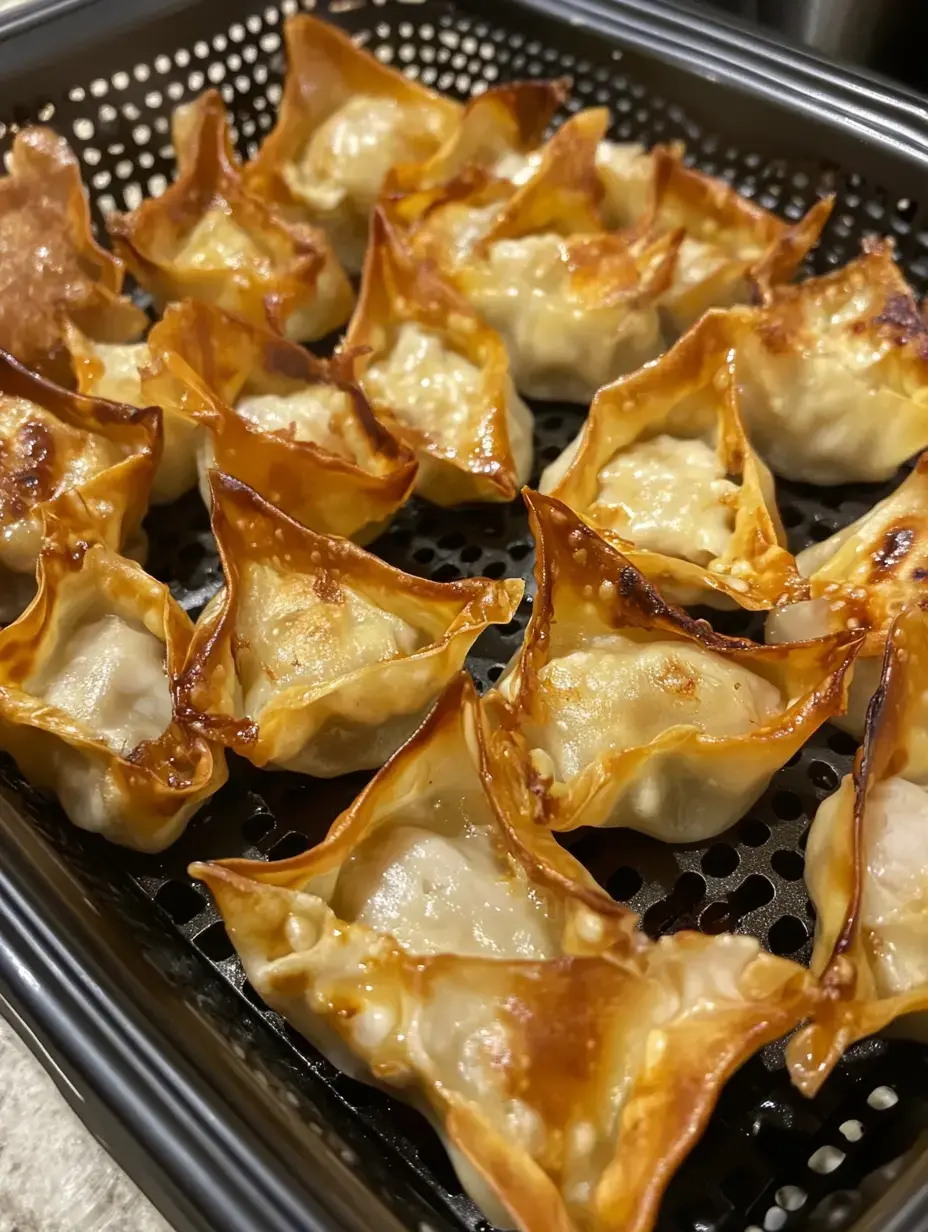 A close-up of a basket filled with golden-brown, crispy dumplings arranged in a neat pattern.