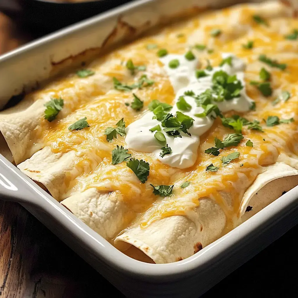 A close-up of a dish of enchiladas topped with melted cheese, sour cream, and fresh cilantro.