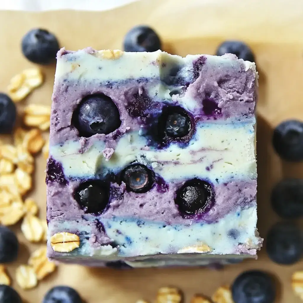 A close-up of a creamy, layered dessert featuring blueberries and oats, surrounded by fresh blueberries and oat flakes on parchment paper.