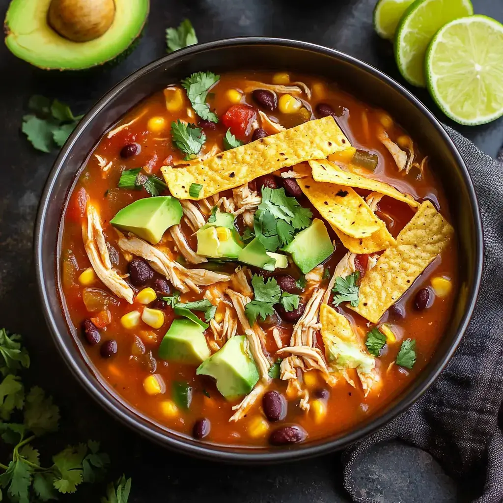 A bowl of hearty chicken tortilla soup topped with avocado, cilantro, and tortilla strips, accompanied by sliced lime and an avocado half.