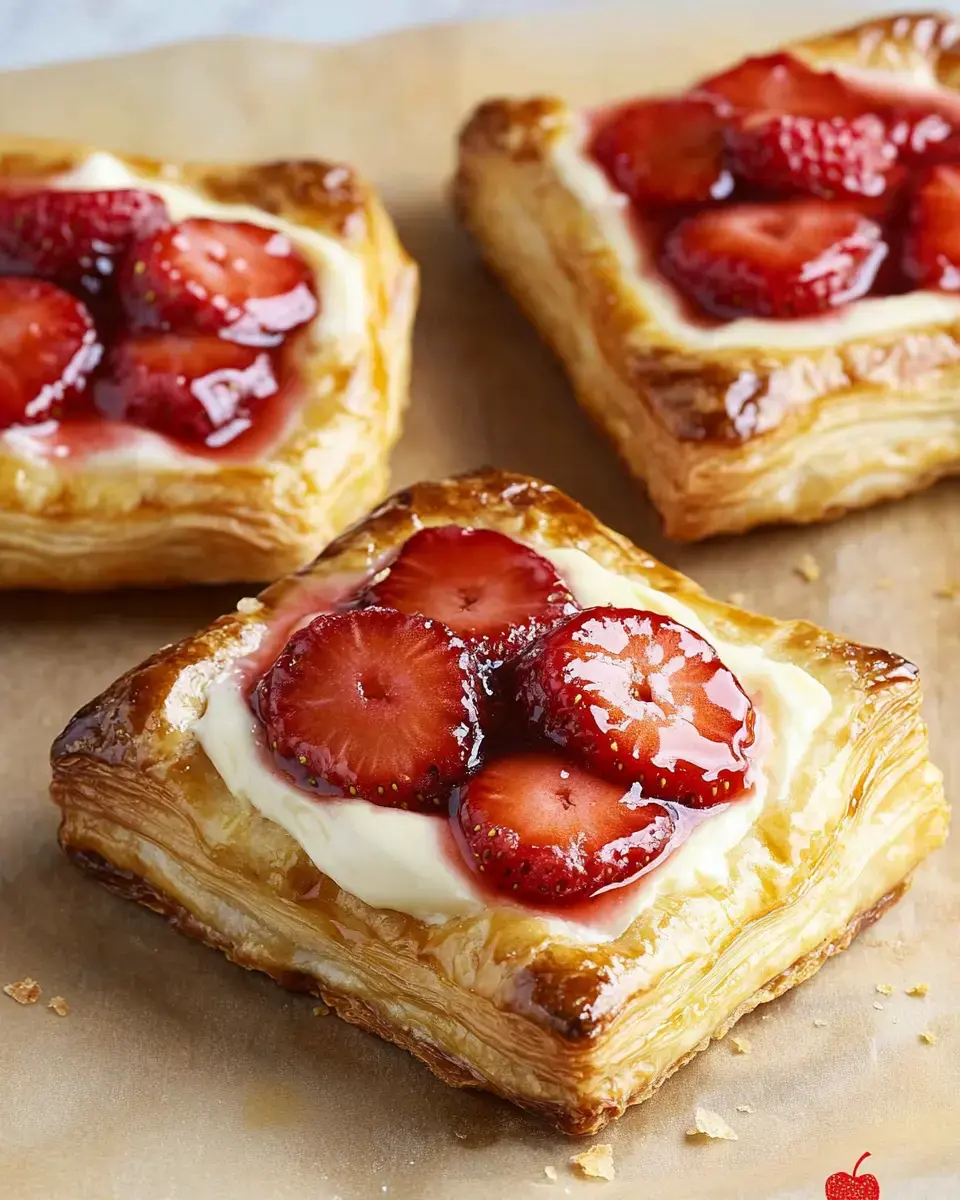 Three strawberry-topped pastry squares with a creamy filling sit on a piece of parchment paper.