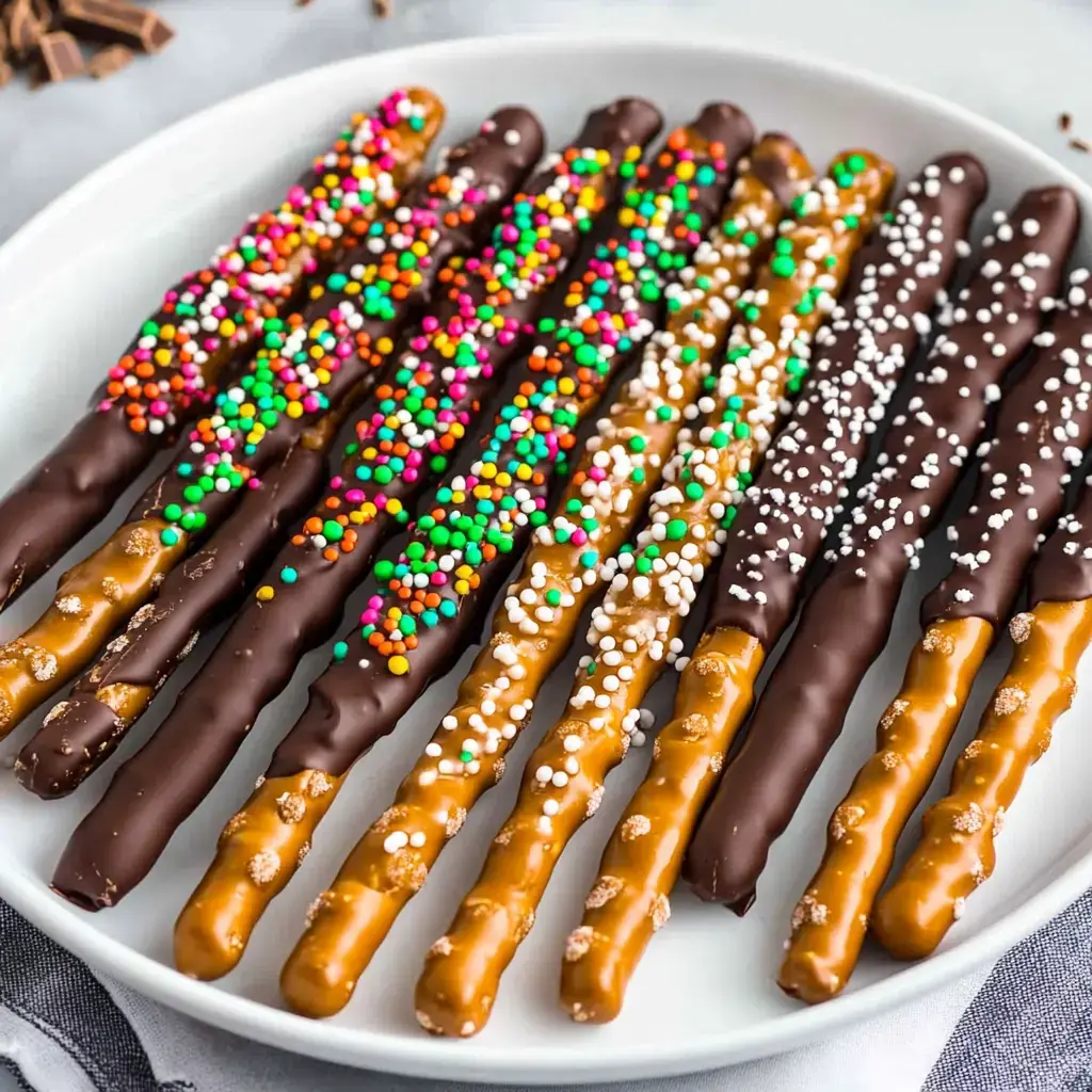 A plate of chocolate-covered pretzel sticks decorated with colorful sprinkles and drizzles.