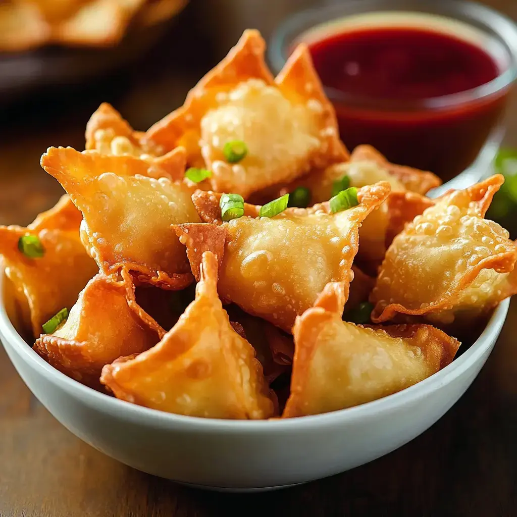 A bowl of crispy golden fried dumplings is garnished with green onions, served with a small dish of dipping sauce.