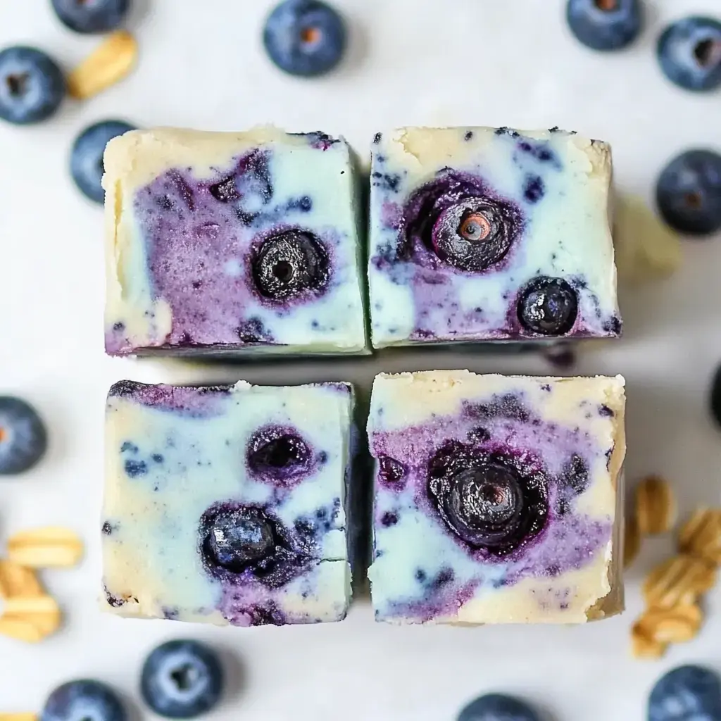 Four squares of blueberry-flavored dessert are arranged in a grid, surrounded by fresh blueberries and oatmeal.