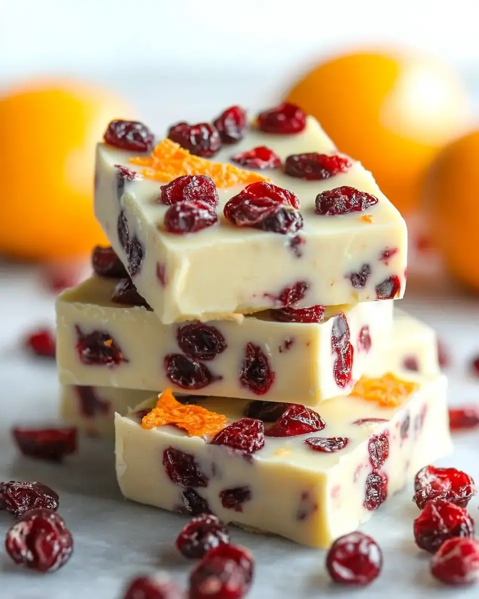 A stack of creamy white fudge studded with cranberries and orange zest, surrounded by scattered dried cranberries and oranges in the background.