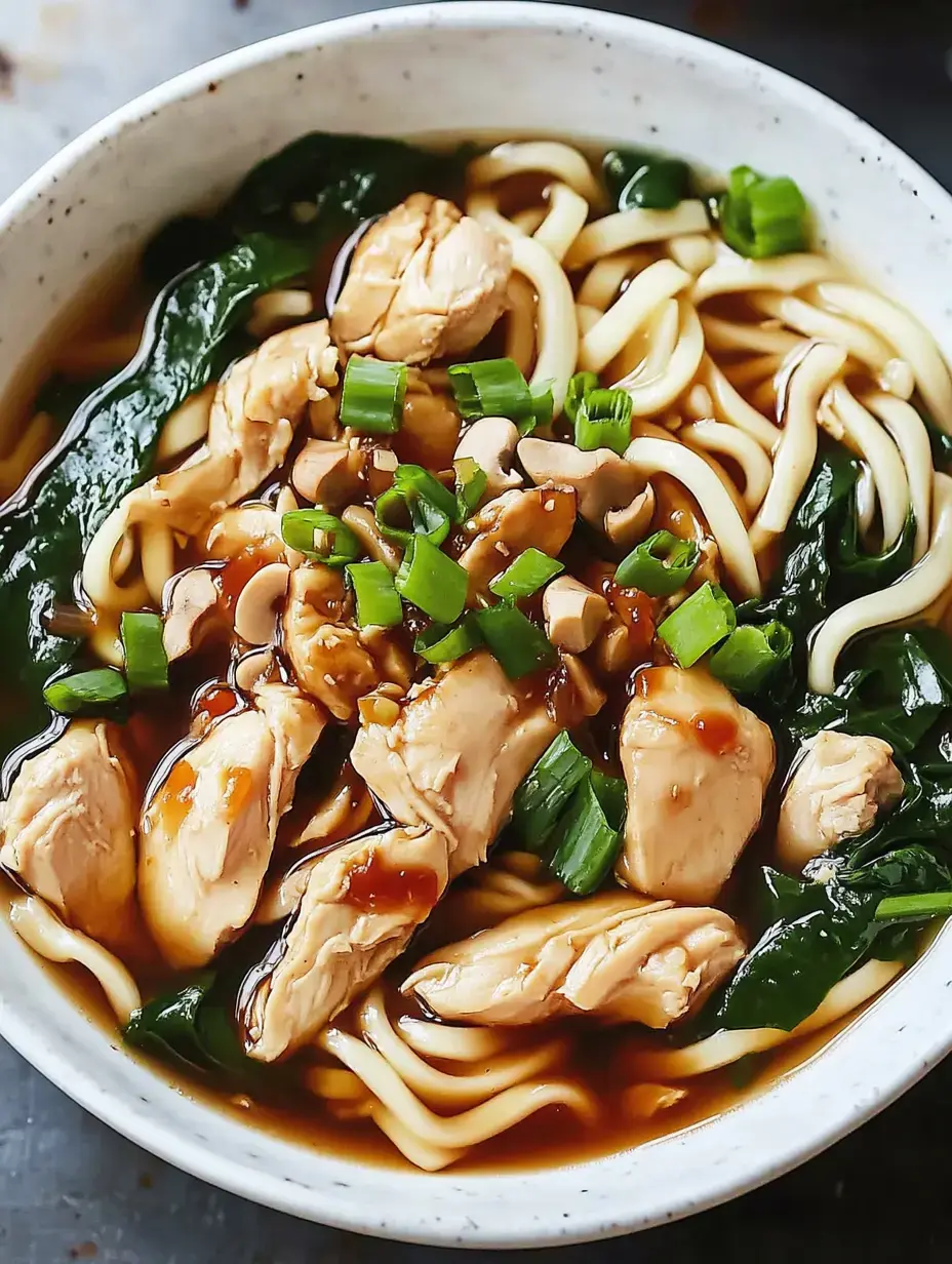 A bowl of noodles is topped with pieces of chicken, green onions, and leafy greens in a savory broth.