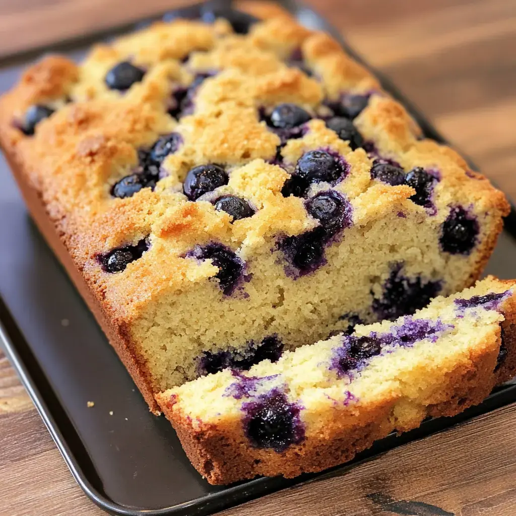 A freshly baked blueberry loaf cake, partially sliced to show its moist interior and scattered blueberries.