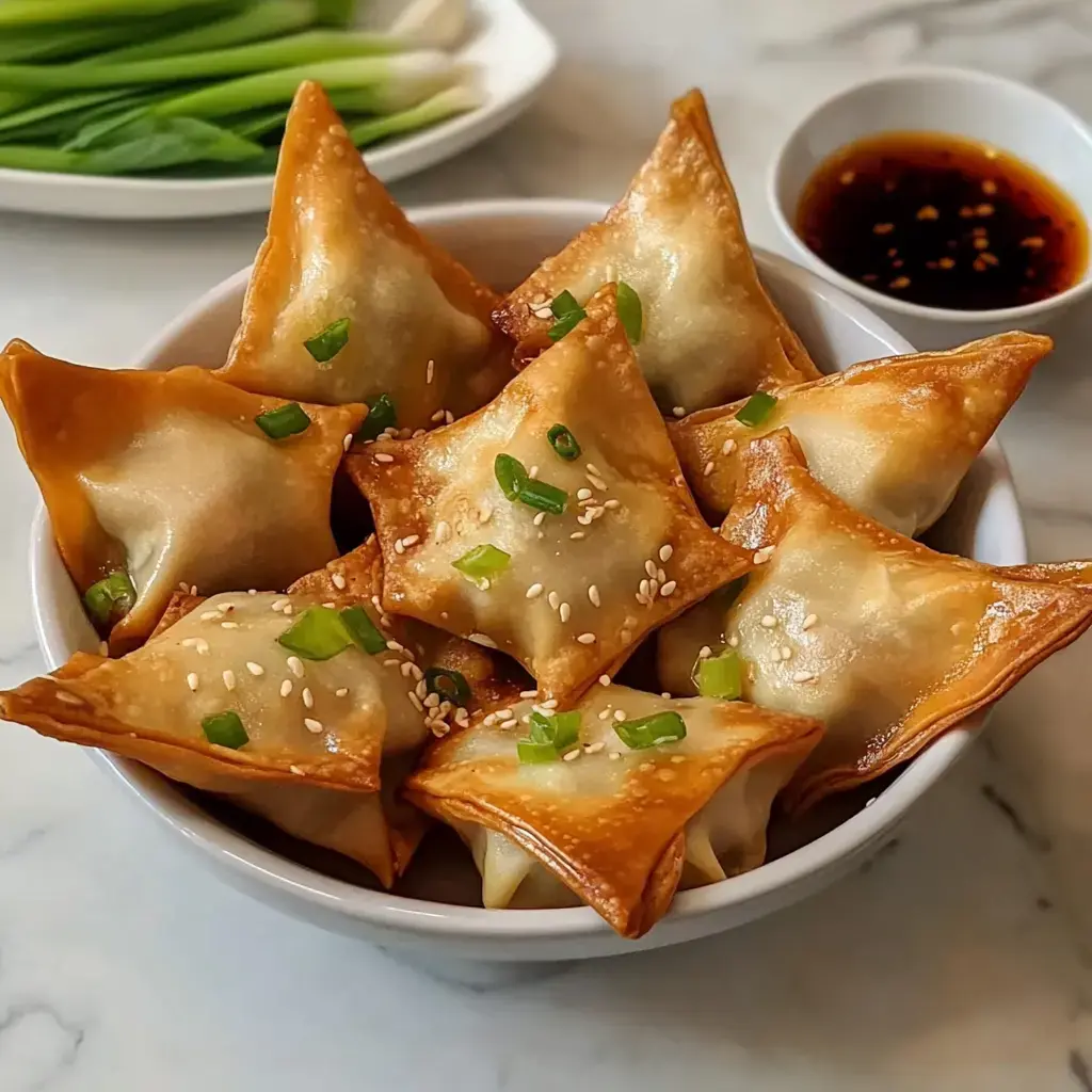 A bowl of golden-brown fried dumplings garnished with sesame seeds and chopped green onions, accompanied by a small dish of dipping sauce.