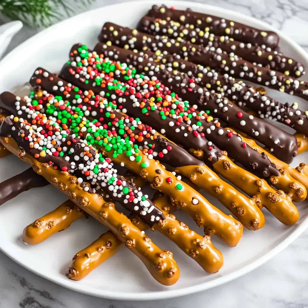 A white plate filled with chocolate and caramel-coated pretzel sticks, topped with colorful festive sprinkles.