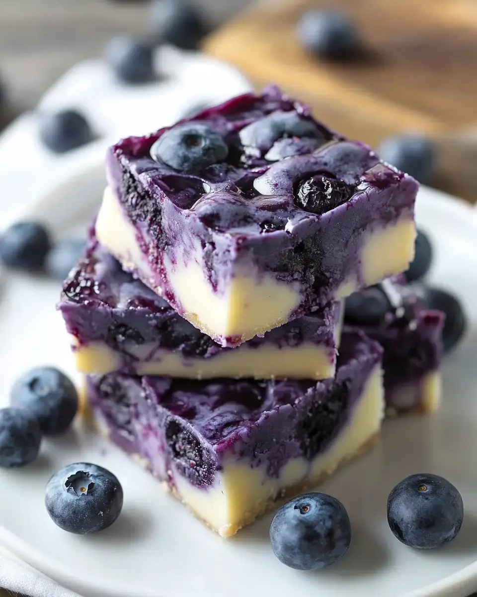 Three stacked pieces of blueberry dessert, with a creamy base and a glossy blueberry topping, are placed on a white plate surrounded by fresh blueberries.