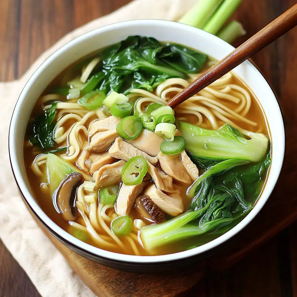 A bowl of chicken noodle soup with greens, mushrooms, and green onions is garnished and served with a wooden chopstick.