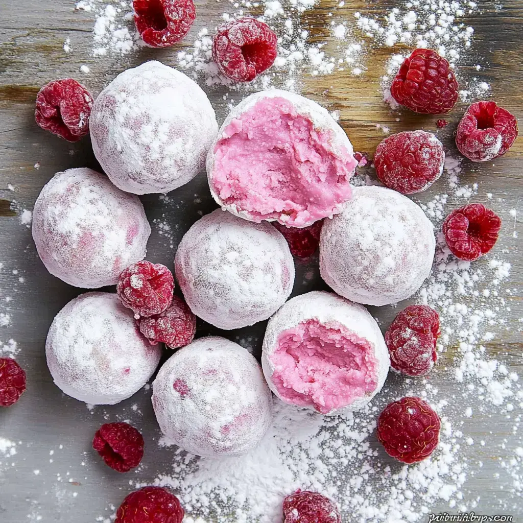 A top-down view of powdered raspberry balls, some with a bite taken out, surrounded by fresh raspberries and dusted with powdered sugar.