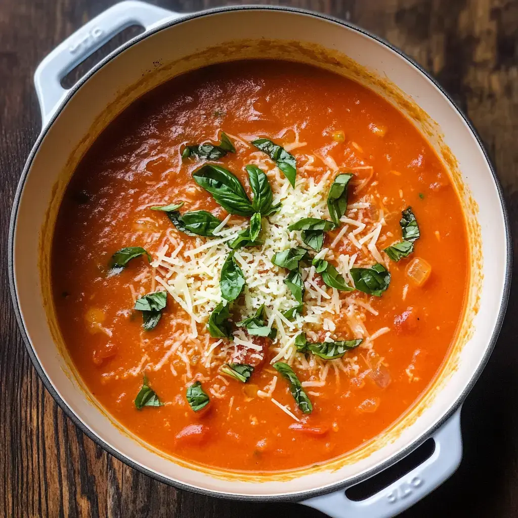 A close-up of a pot filled with vibrant tomato soup, topped with shredded cheese and fresh basil leaves.