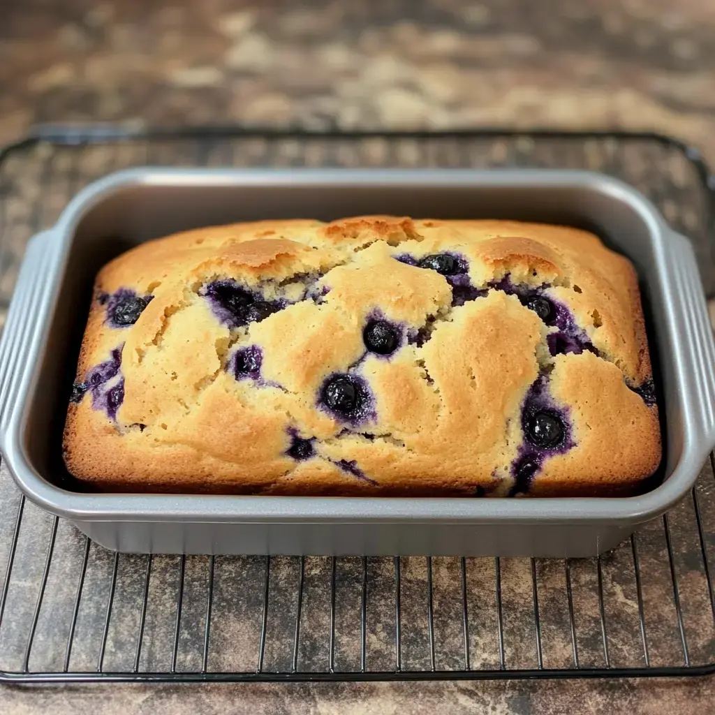 A freshly baked blueberry loaf cake is cooling in a gray baking pan on a wire rack.