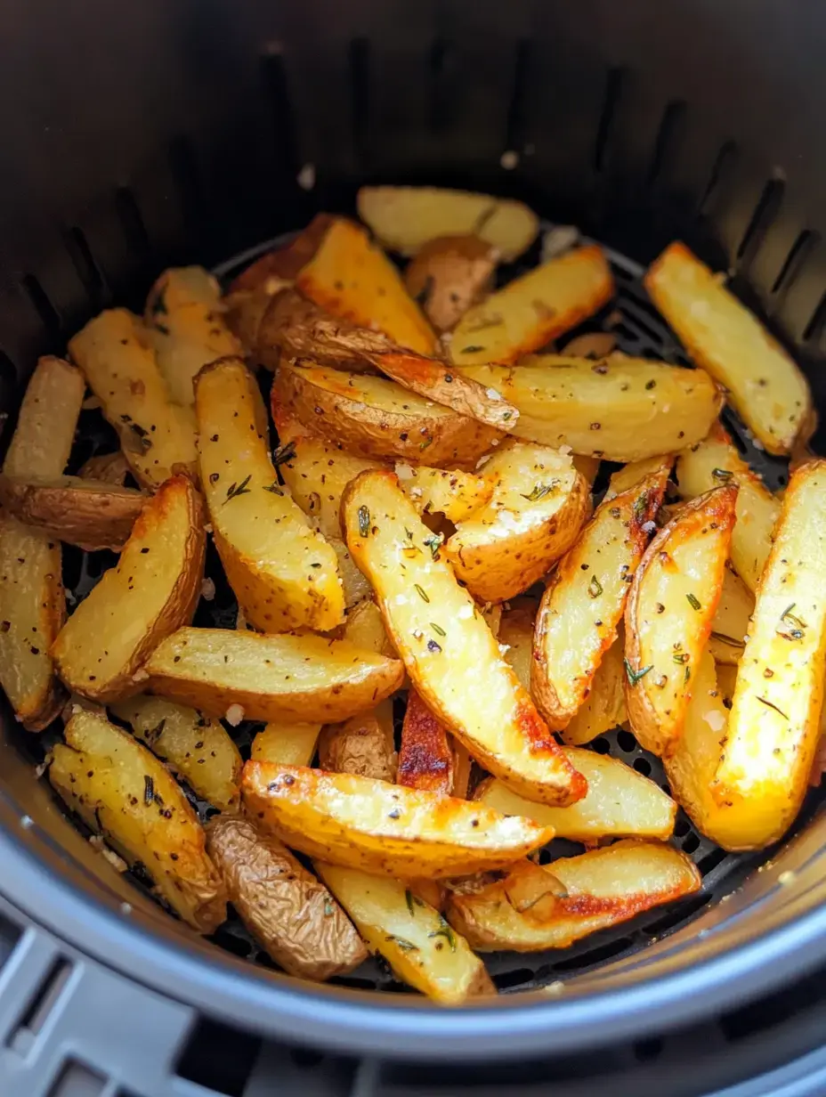 A close-up view of golden-brown, crispy air-fried potato wedges seasoned with herbs in a black air fryer basket.