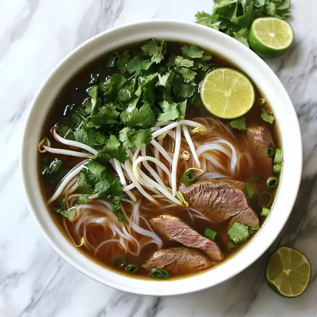 A bowl of pho filled with broth, rice noodles, sliced beef, bean sprouts, cilantro, and lime wedges on a marble surface.