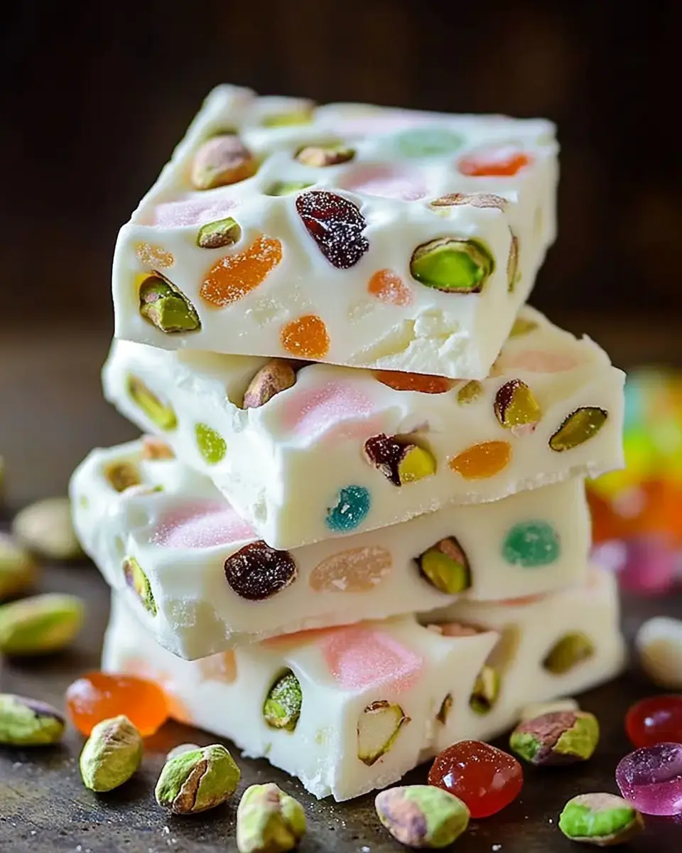 A stack of colorful, nut-studded confectionery pieces is displayed, surrounded by scattered pieces of sweets and pistachios.