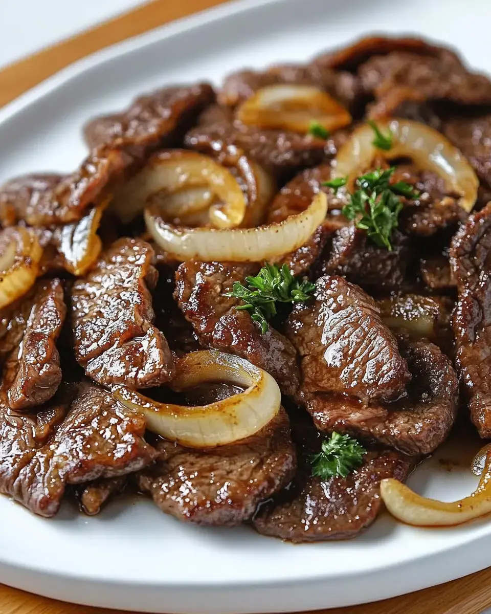 A plate of sautéed beef slices garnished with onion rings and parsley.