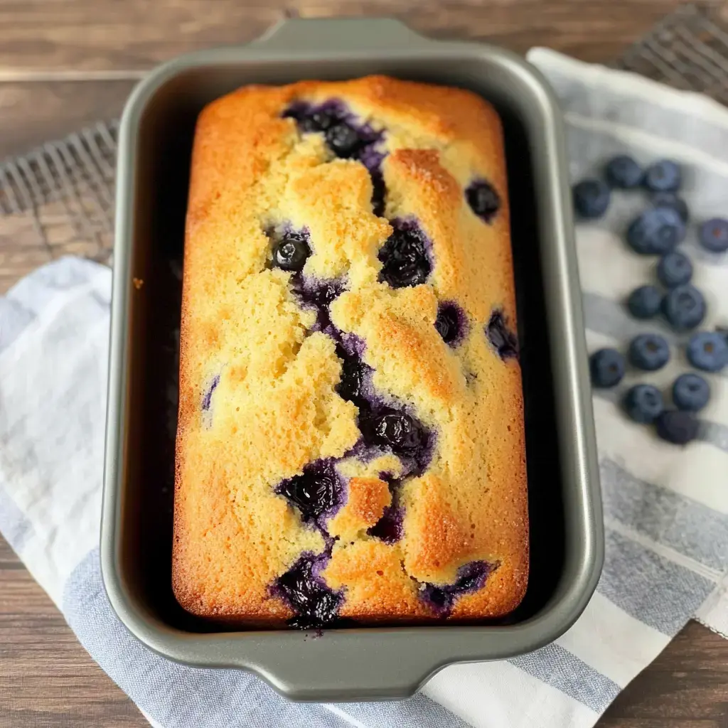 A freshly baked blueberry loaf cake in a gray baking pan, with blueberries visible throughout, sits on a wooden surface next to a blue and white striped towel.