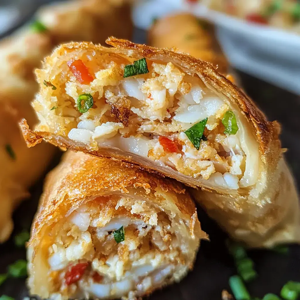 A close-up of a crispy fried spring roll cut in half, revealing a filling of rice, vegetables, and herbs.