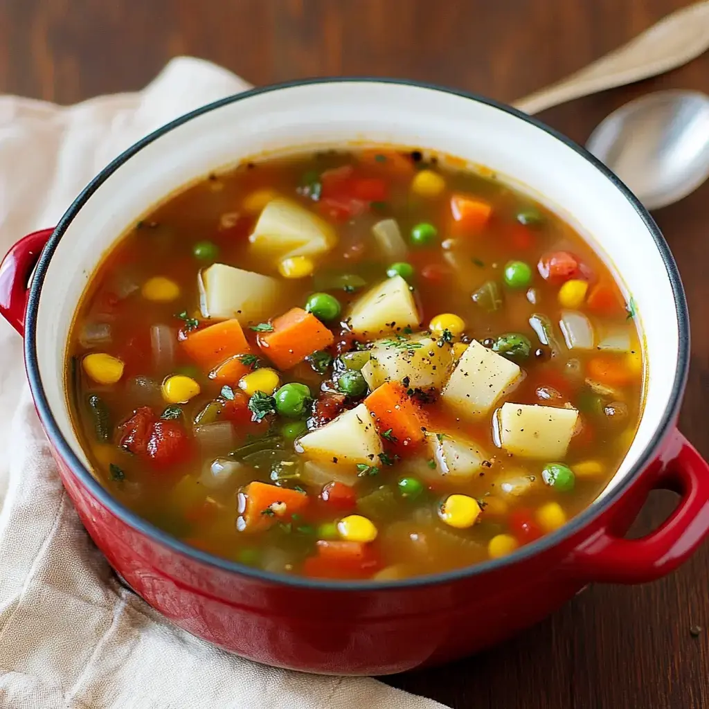 A vibrant vegetable soup with potatoes, carrots, peas, corn, and tomatoes is simmering in a red pot.