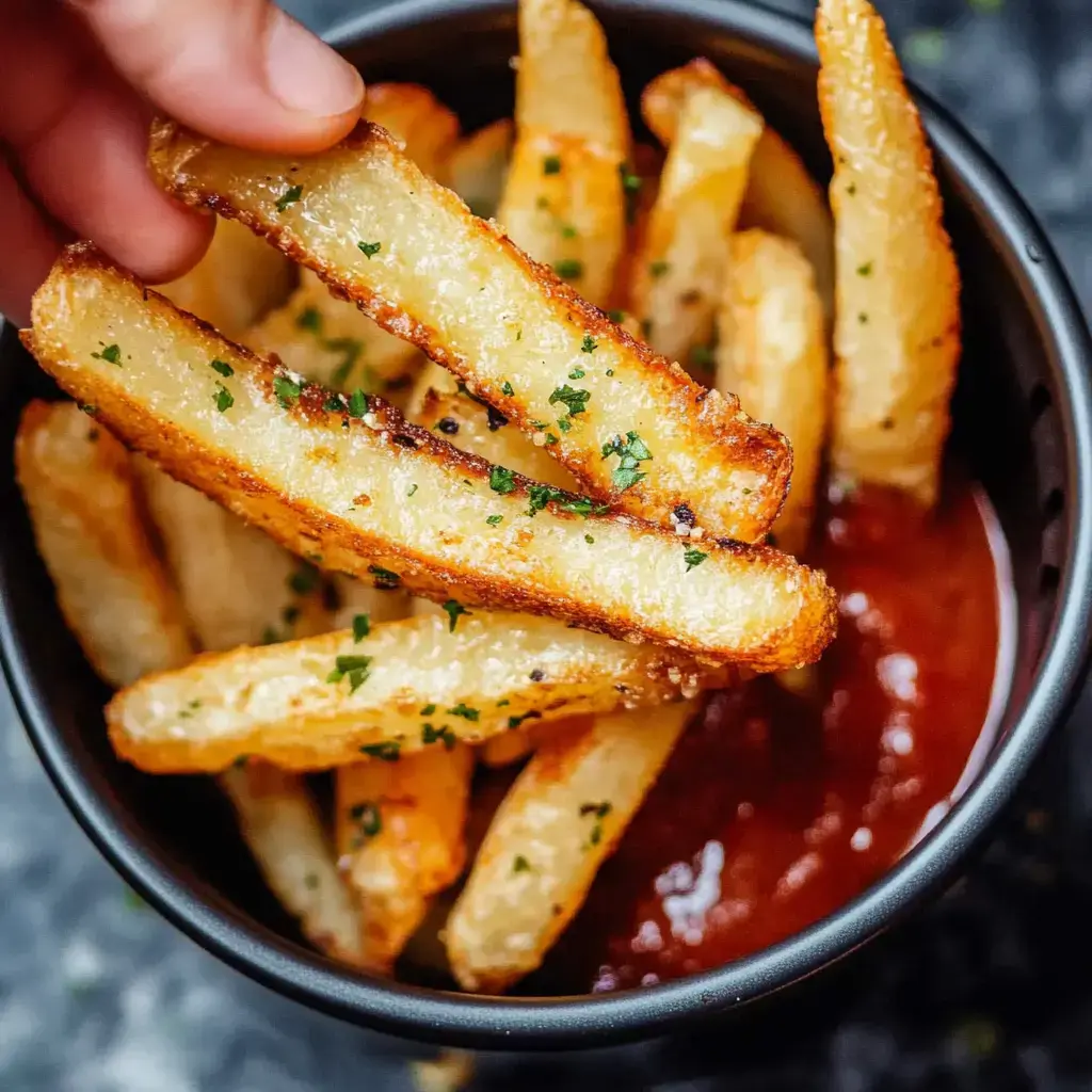 A hand is holding a golden-brown French fry above a bowl filled with more fries and a side of dipping sauce.