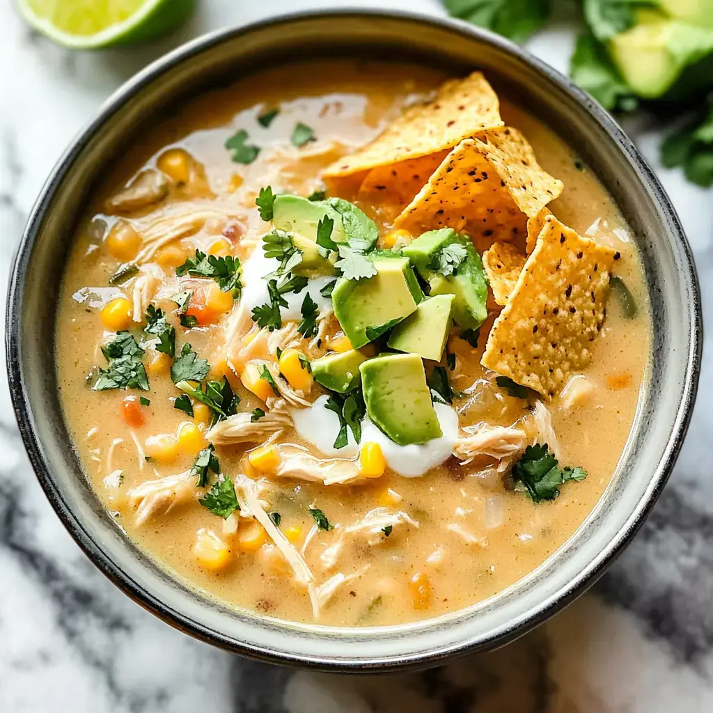 A bowl of creamy chicken soup topped with corn, avocado, cilantro, sour cream, and tortilla chips.