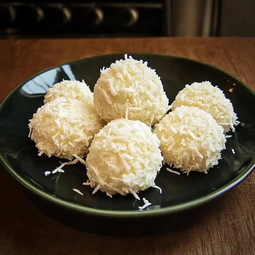 A dark green plate holds six spherical, white coconut treats coated in shredded coconut.