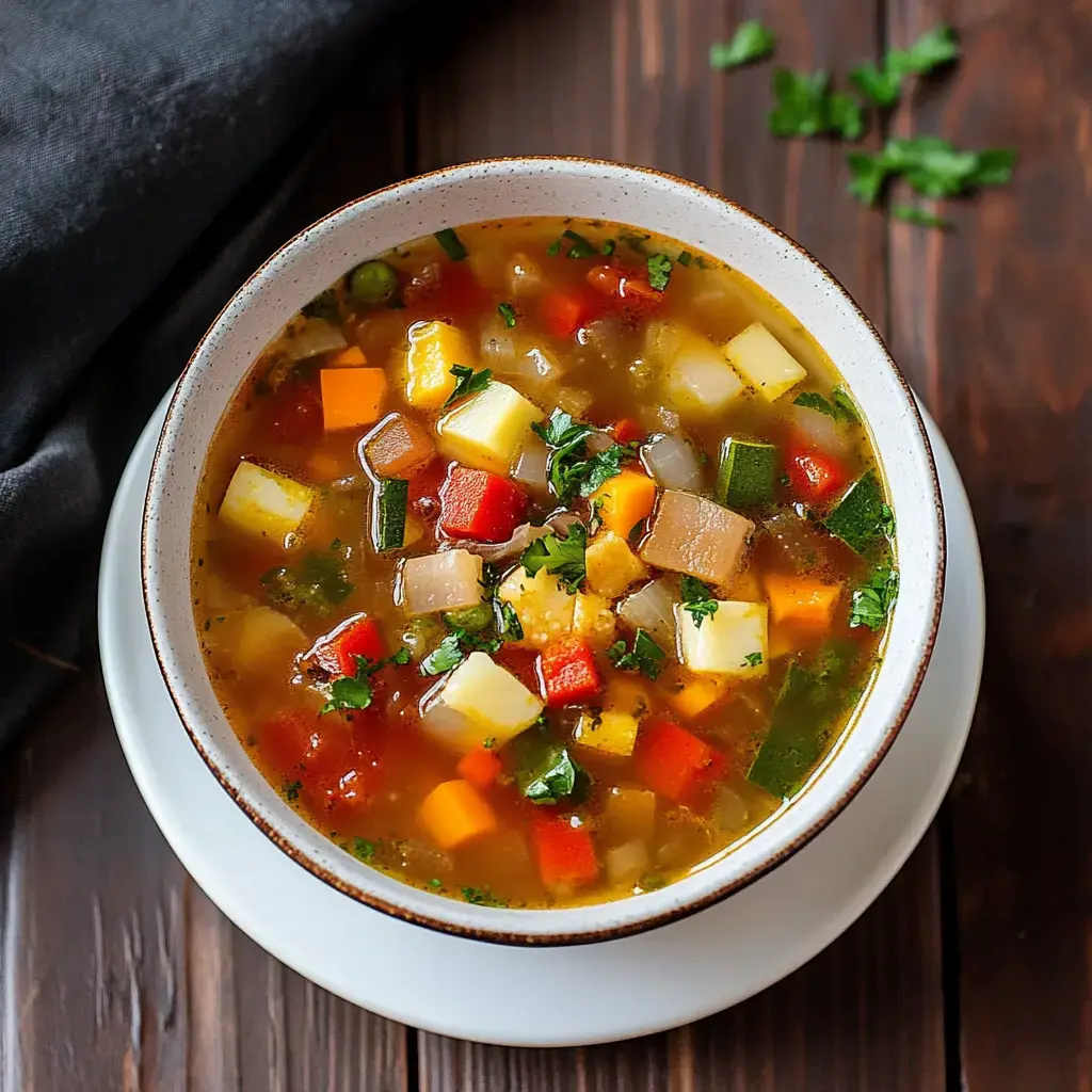 A bowl of colorful vegetable soup garnished with fresh herbs, sitting on a wooden surface.