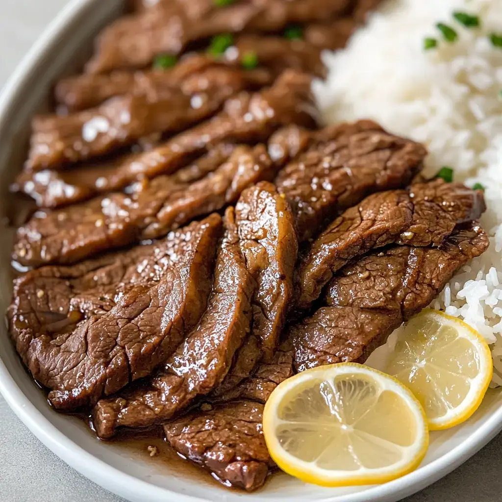 A plate of sliced, grilled beef is served with white rice and garnished with lemon slices and green onions.