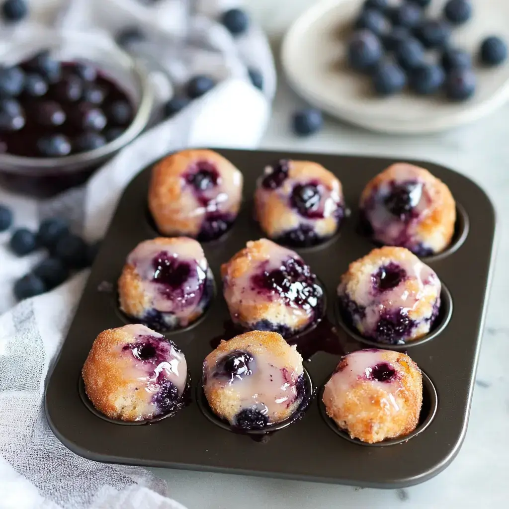 A tray of baked mini blueberry donuts topped with a glaze and surrounded by fresh blueberries.