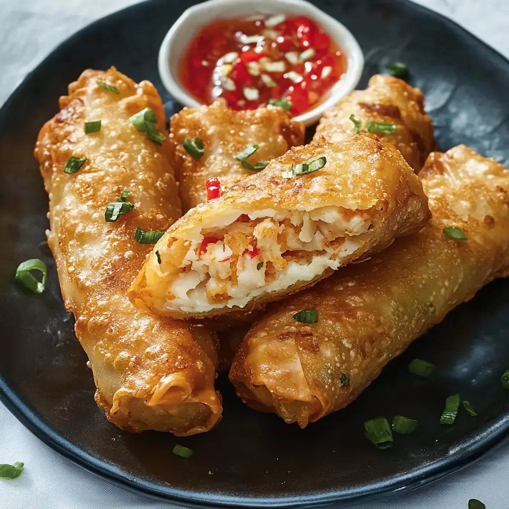 A plate of crispy, golden fried spring rolls, with one cut in half to reveal a filling, served alongside a small bowl of dipping sauce.