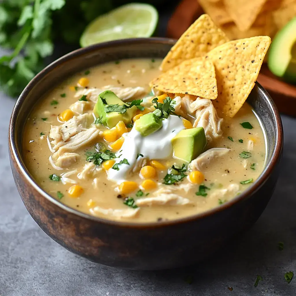 A bowl of creamy chicken soup garnished with corn, avocado, cilantro, sour cream, and tortilla chips, with lime and fresh herbs in the background.