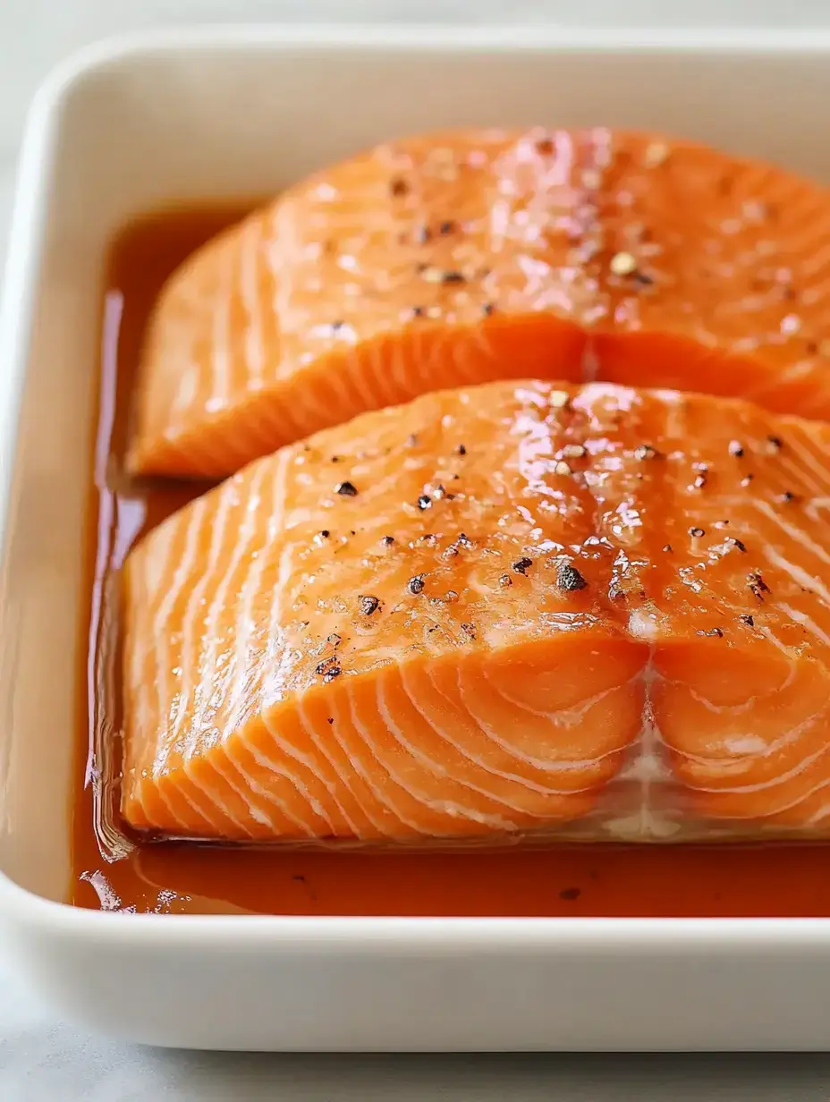 Two salmon fillets marinated in a flavorful sauce, placed in a white dish.