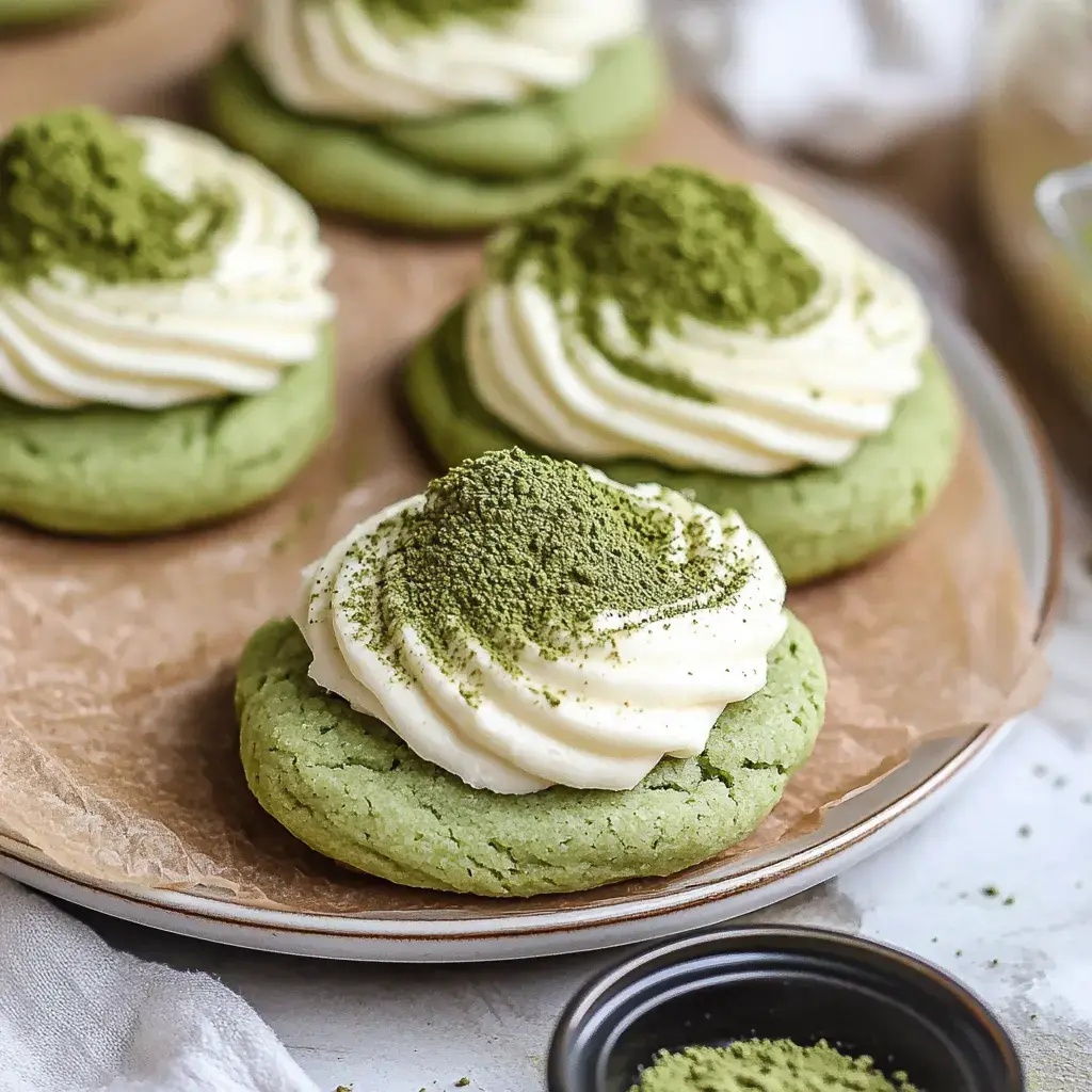 A plate of green cookies topped with swirls of white frosting and sprinkled with green tea powder.