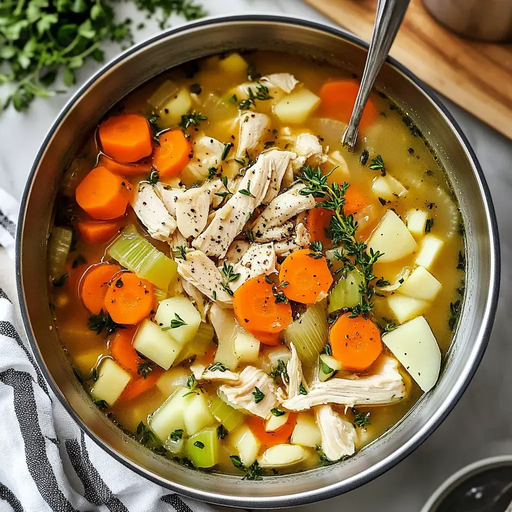 A bowl of chicken soup featuring sliced carrots, celery, potatoes, and shredded chicken, garnished with fresh thyme.