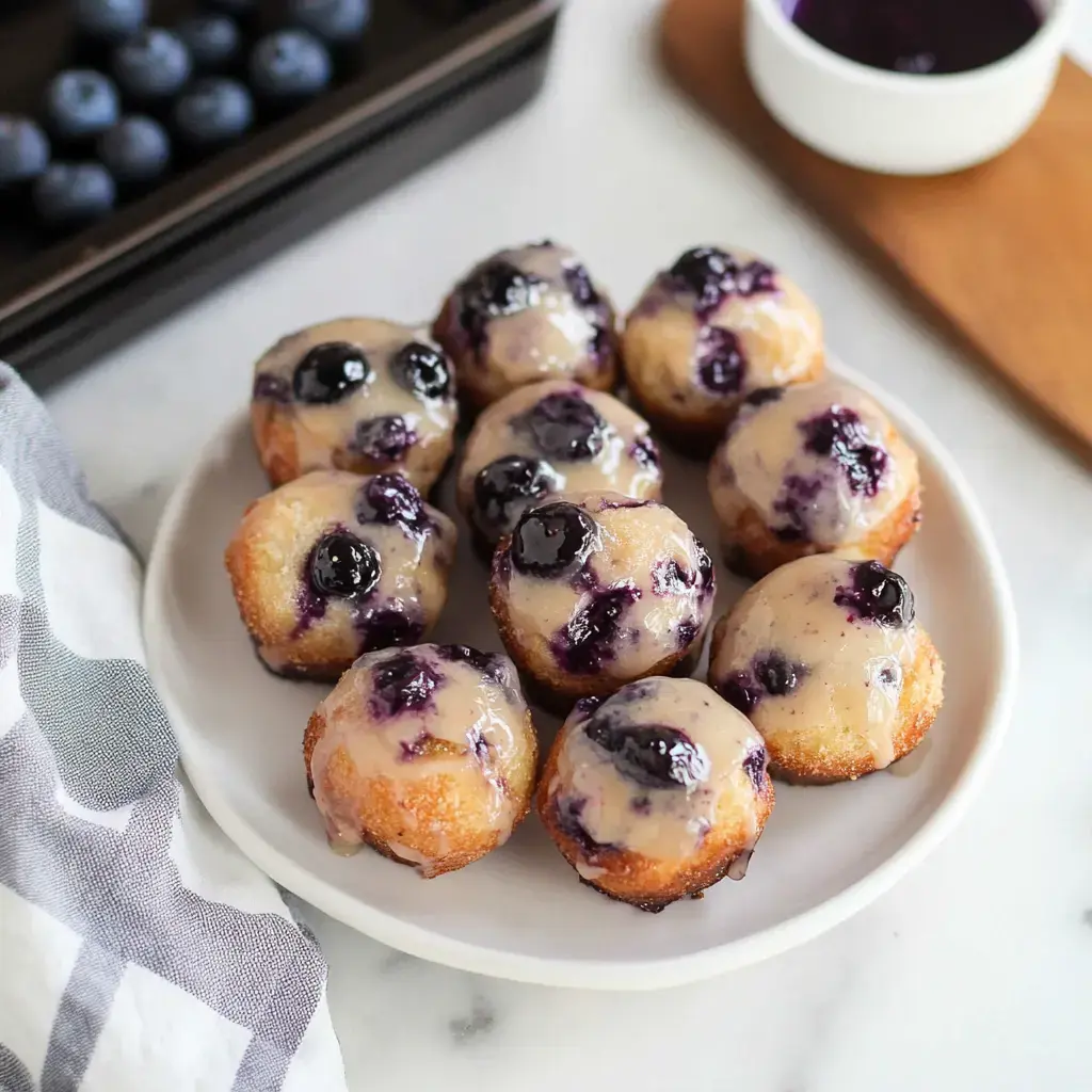 A plate of blueberry muffins topped with a glossy glaze and fresh blueberries, with a side of blueberries and a small bowl of blueberry sauce.