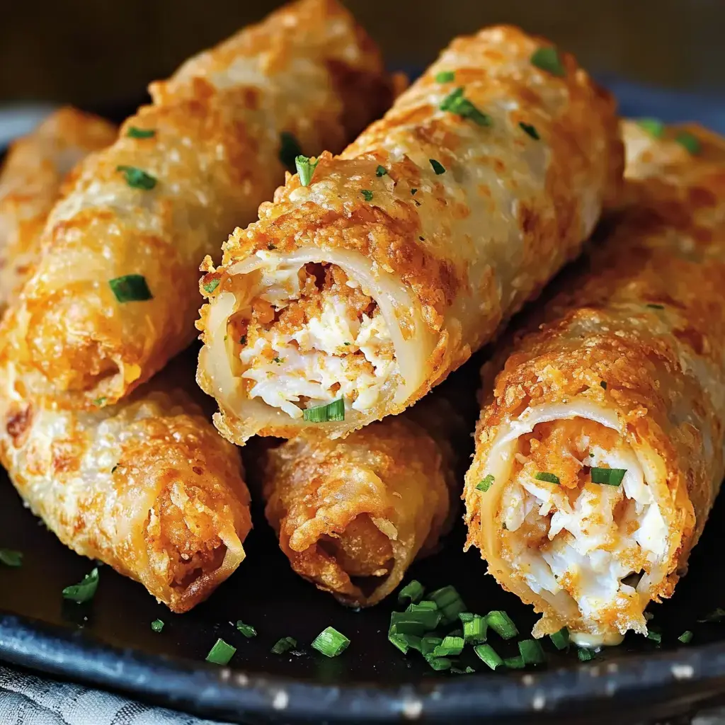 A close-up of crispy, golden-brown rolled pastries filled with shredded chicken and garnished with chopped green herbs.