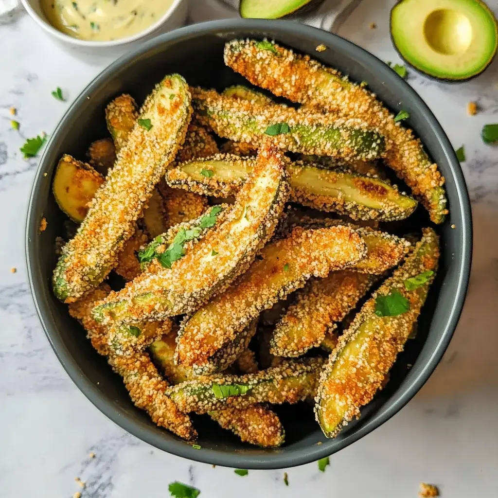 A bowl of crispy, breaded jalapeño slices garnished with cilantro, accompanied by a small dish of dipping sauce.