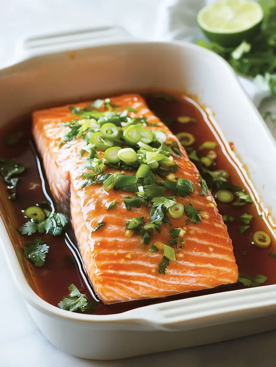 A glazed salmon fillet topped with chopped green onions and cilantro sits in a white baking dish, surrounded by a rich sauce.