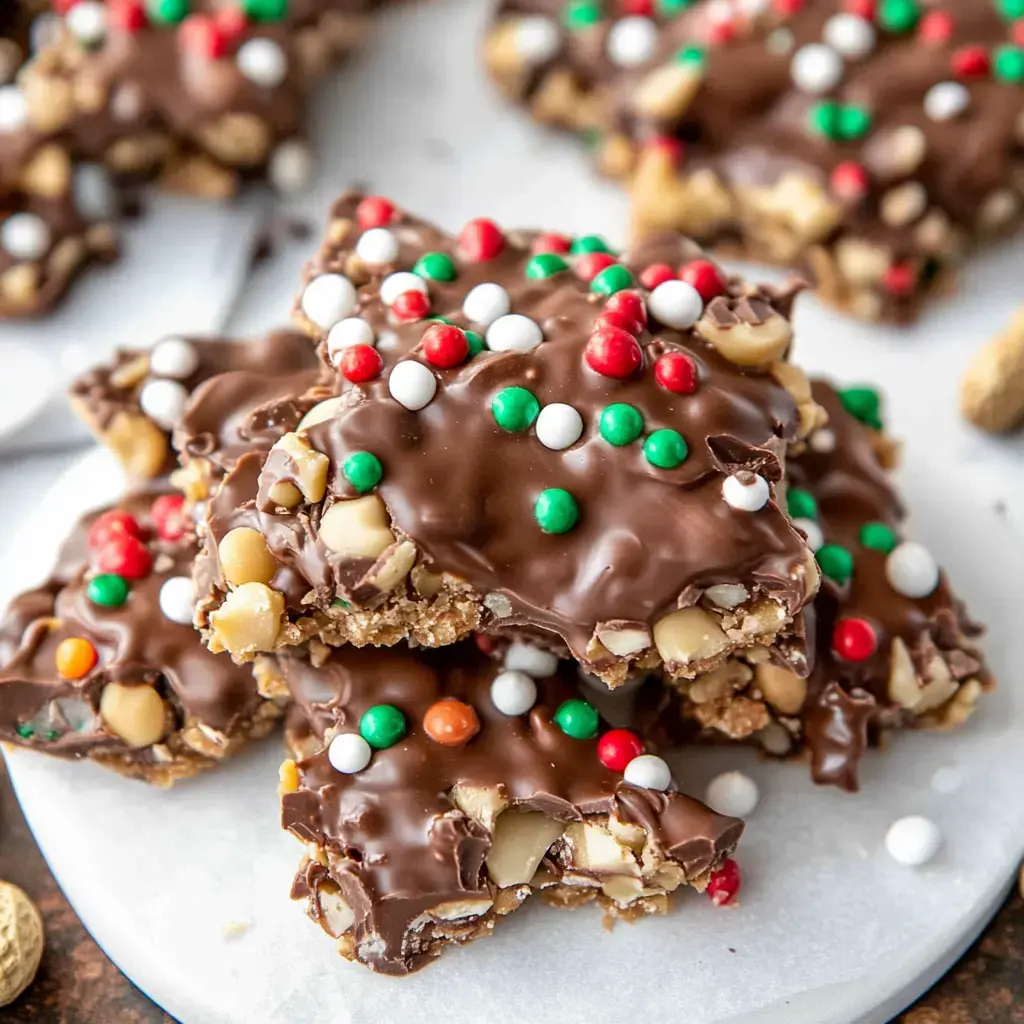 A close-up of chocolate-covered snack bars topped with colorful holiday sprinkles and nuts.