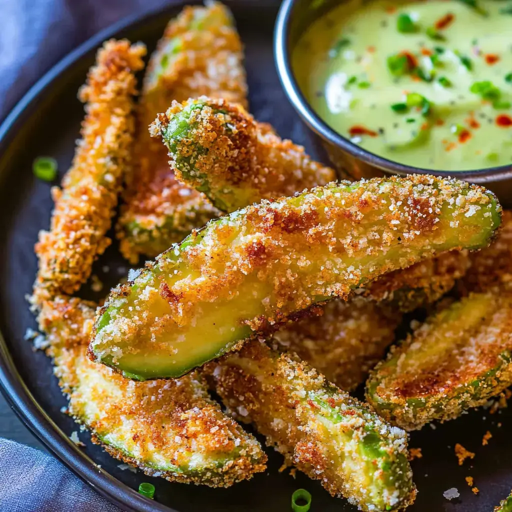 A plate of crispy, breaded avocado wedges served with a green dipping sauce.