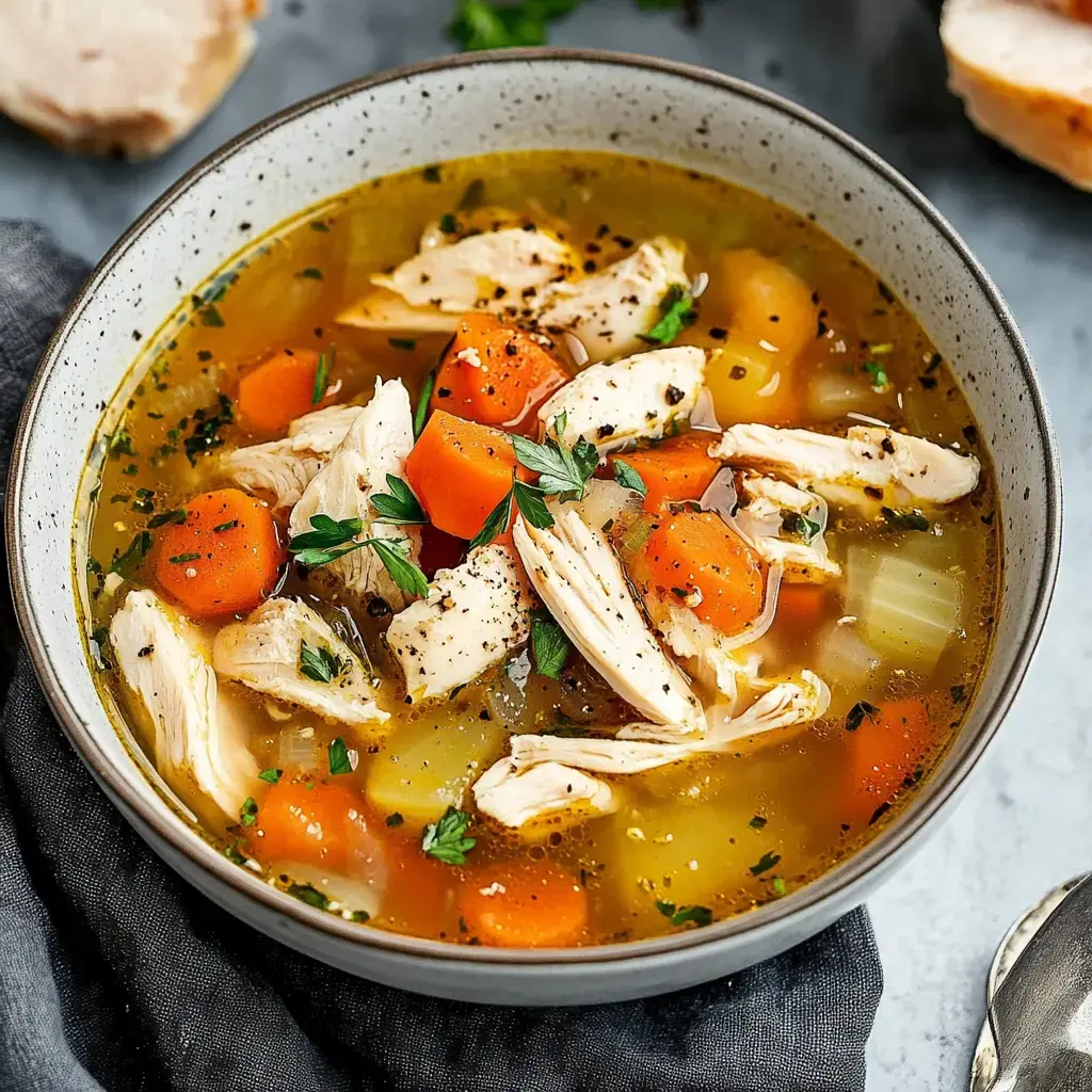 A bowl of chicken soup filled with shredded chicken, carrots, and herbs, garnished with black pepper.